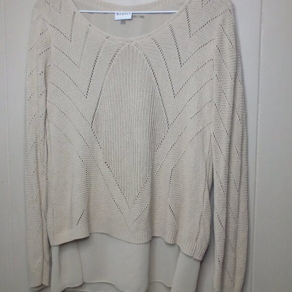 Sioni Blouse Sweater M Long Sleeve Open Knit Back Lace Up Lined Tan - Picture 12 of 13